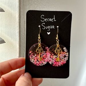 Secret Sugar Earrings – Handmade Resin Round Earrings with Gold Key, Pink Heart